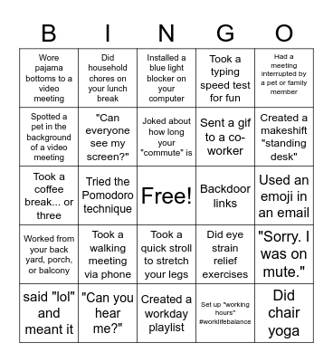 Remote Work Bingo Card