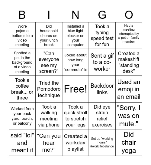 Remote Work Bingo Card