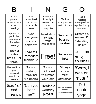 Remote Work Bingo Card