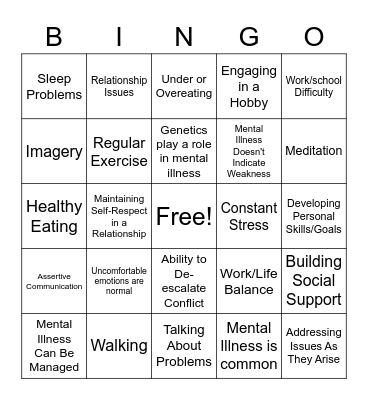 Mental Health Bingo Card