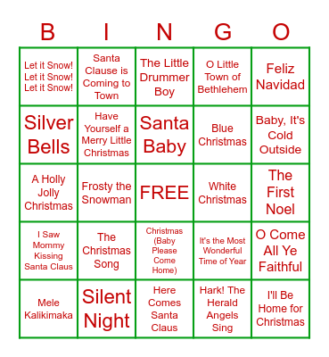 Christmas Songs & Carols Bingo Card