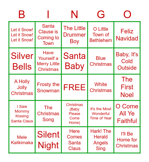 Christmas Songs & Carols Bingo Card