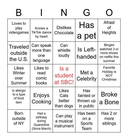 SBC First Day Introduction Bingo Card