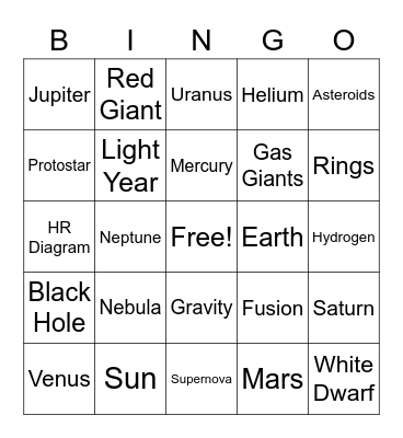The Solar System and Stars Bingo Card
