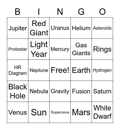 The Solar System and Stars Bingo Card