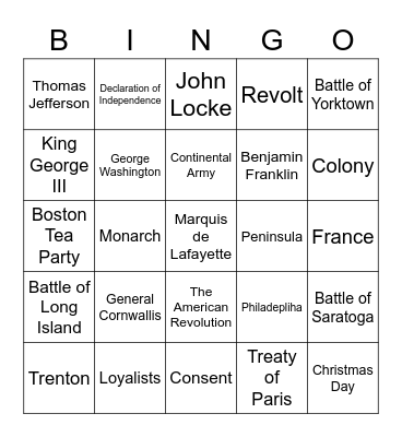 Early America Bingo Card