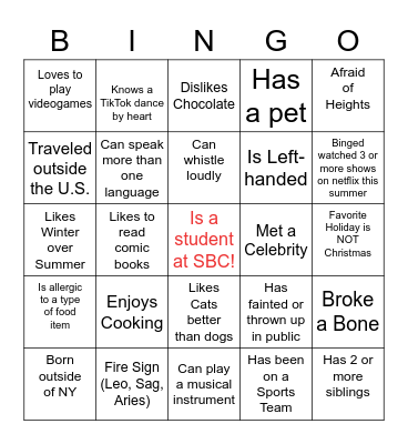 SBC First Day Introduction Bingo Card