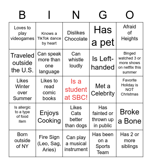 SBC First Day Introduction Bingo Card