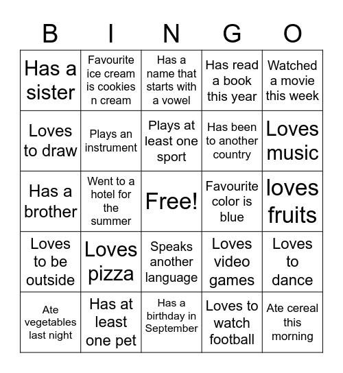 Getting to Know You Bingo Card