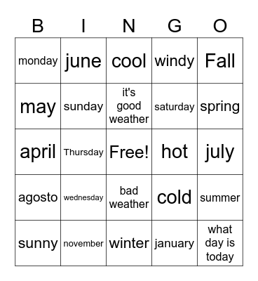 days of the week Bingo Card
