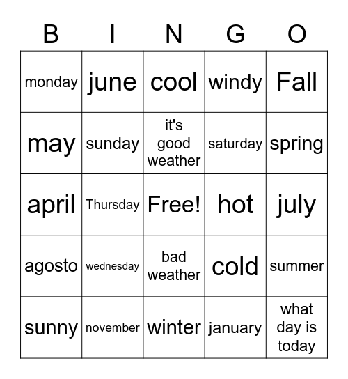 days of the week Bingo Card