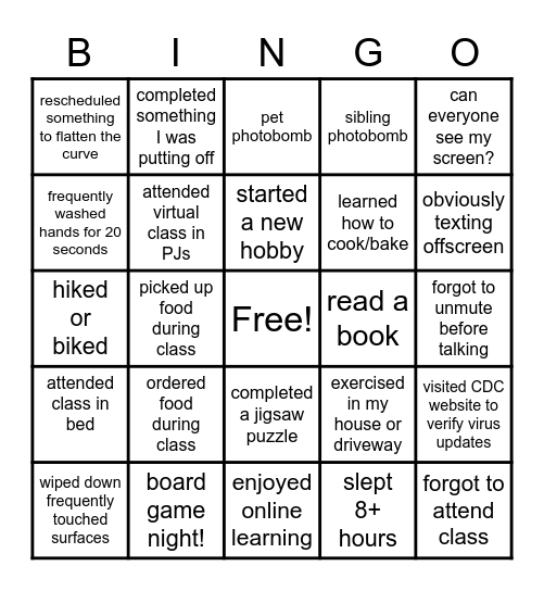 COVID online learning review Bingo Card