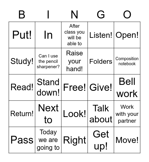 Classroom expressions Bingo Card