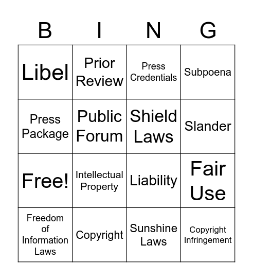 Digital Journalism- Media Law Vocabulary Bingo Card