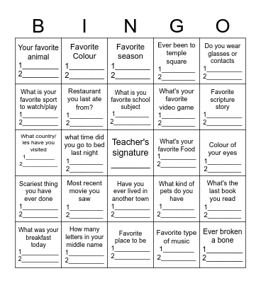 Get to know your class Bingo Card