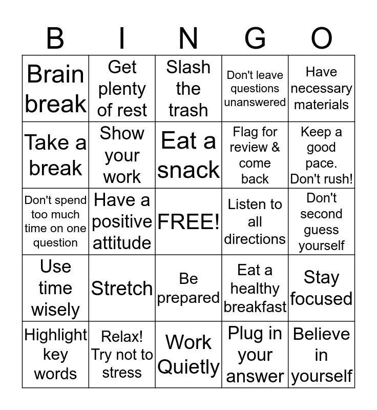 Test Taking Skills BINGO Card