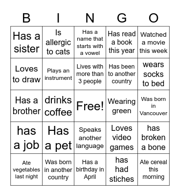 Getting to Know You Bingo Card