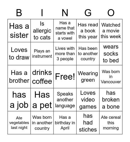 Getting to Know You Bingo Card