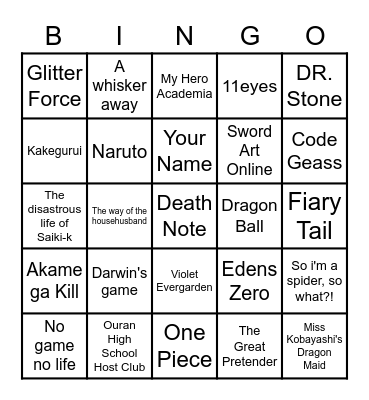Watch all the animes i could come up on! Bingo Card