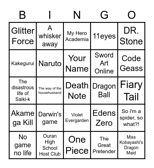 Watch all the animes i could come up on! Bingo Card