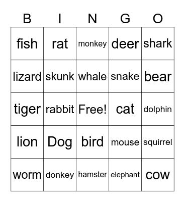 Animals Bingo Card