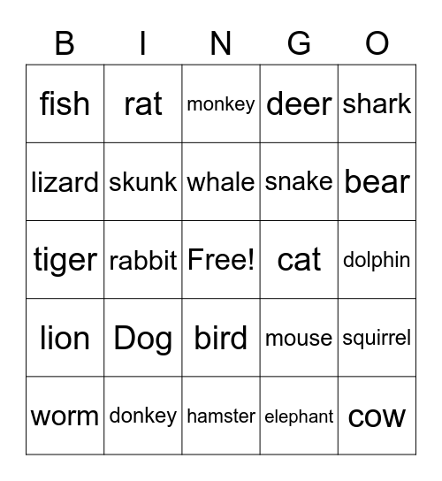 Animals Bingo Card