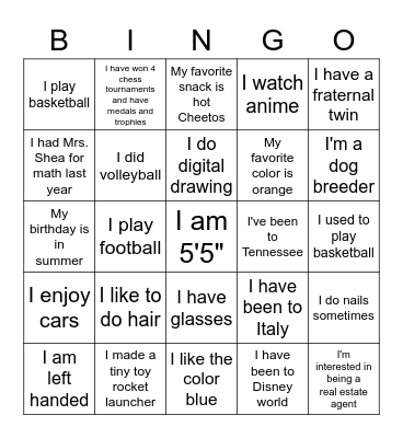 NPFH activity Bingo Card