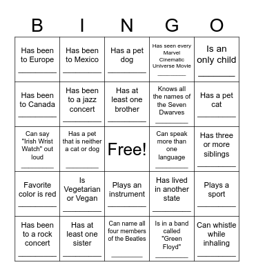 Choir Bingo Card