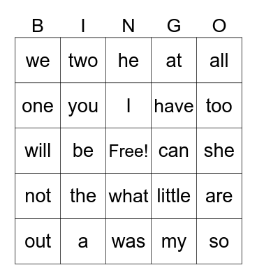 Sight Words Bingo Card