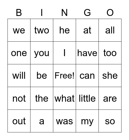 Sight Words Bingo Card