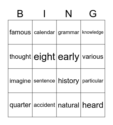 Common Exception Words Bingo Card