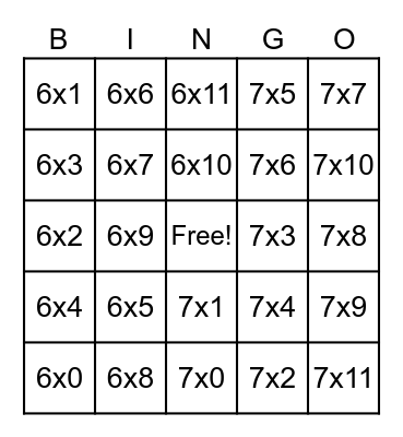 Multiplication Bingo 6's & 7's to 11 Bingo Card