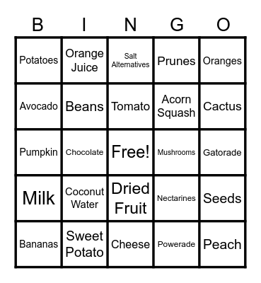 High Potassium Bingo Card