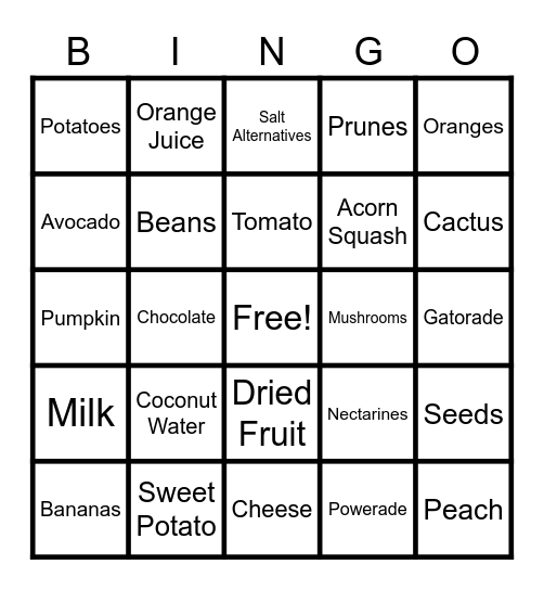 High Potassium Bingo Card