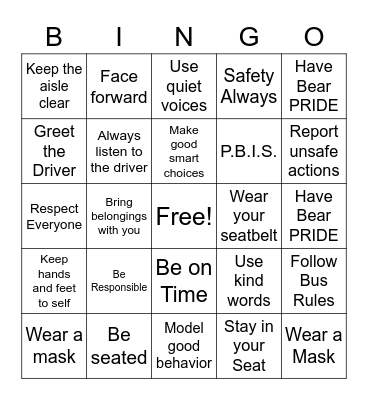 Bus Expectations Bingo Card