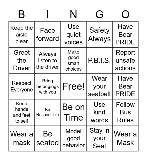 Bus Expectations Bingo Card