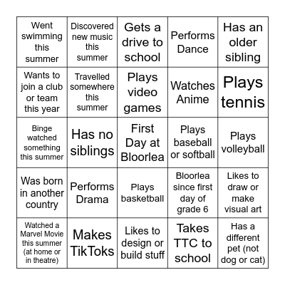 Get to Know your Classmates 8B Bingo Card