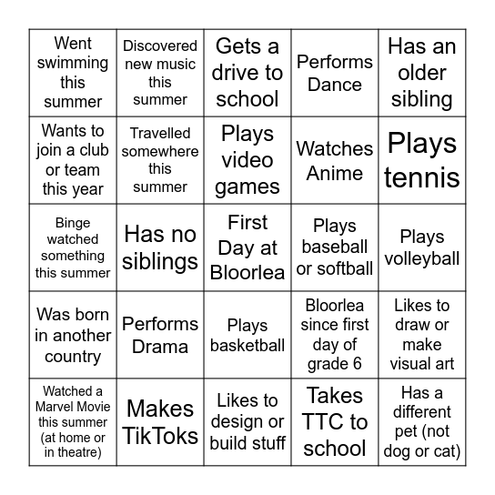 Get to Know your Classmates 8B Bingo Card