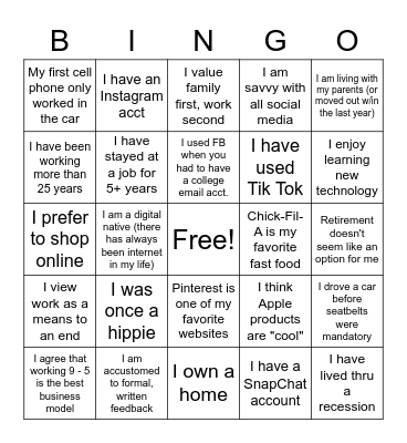 Multigenerational Bingo Card