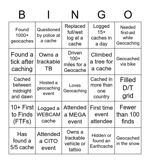 GEOCACHING BINGO! Bingo Card