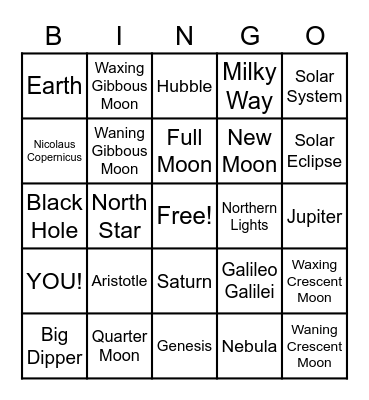 Astronomy Bingo Card