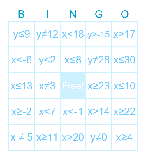 BINGO...อสมการเชิงเส้นตัวเเปรเดียว Bingo Card