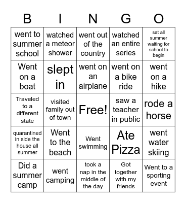 My Summer Activities Bingo Card
