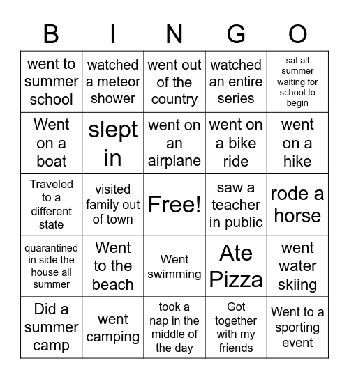 My Summer Activities Bingo Card