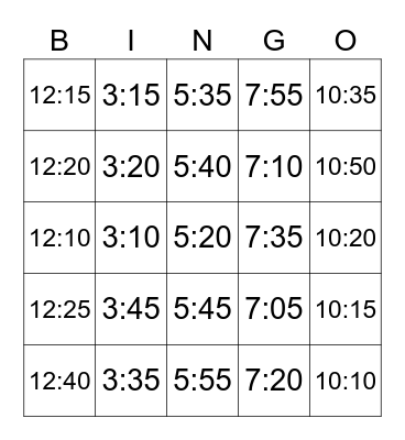 Time to Five Minutes Bingo Card