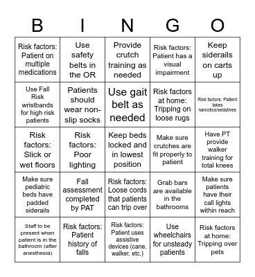 Fall Prevention Bingo Card