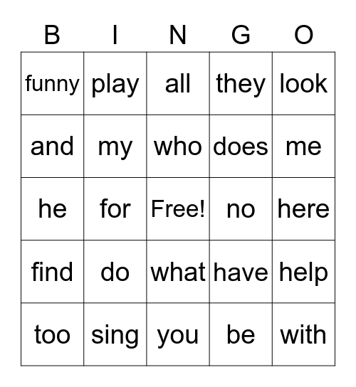 Sight Word Bingo Card