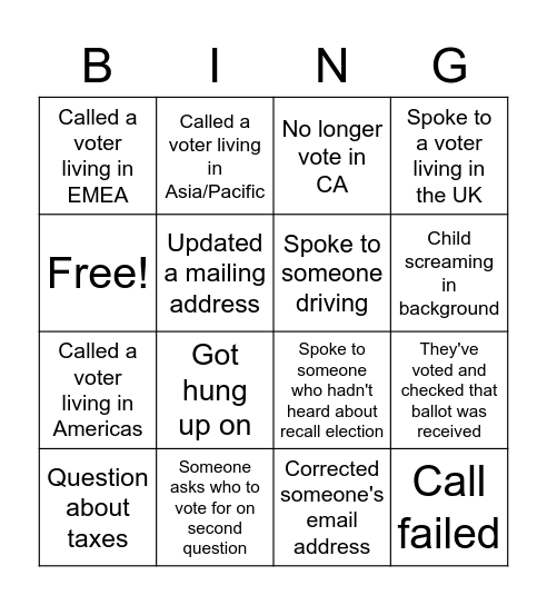CA Phonebanking Bingo Card