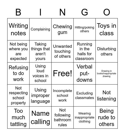 Behavior BINGO Card