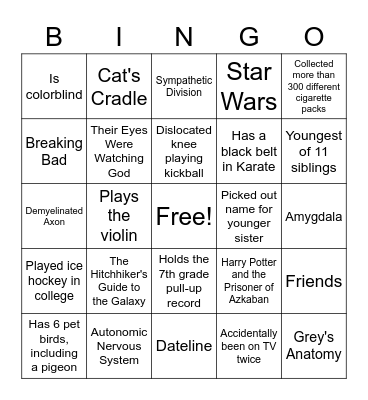 NGP New Student and Faculty Bingo Card